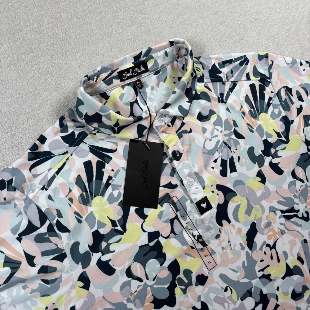 Bad Birdie Savannah Swing Core Polo Shirt Mens‎ XL Multi Abstract Floral Stretch
